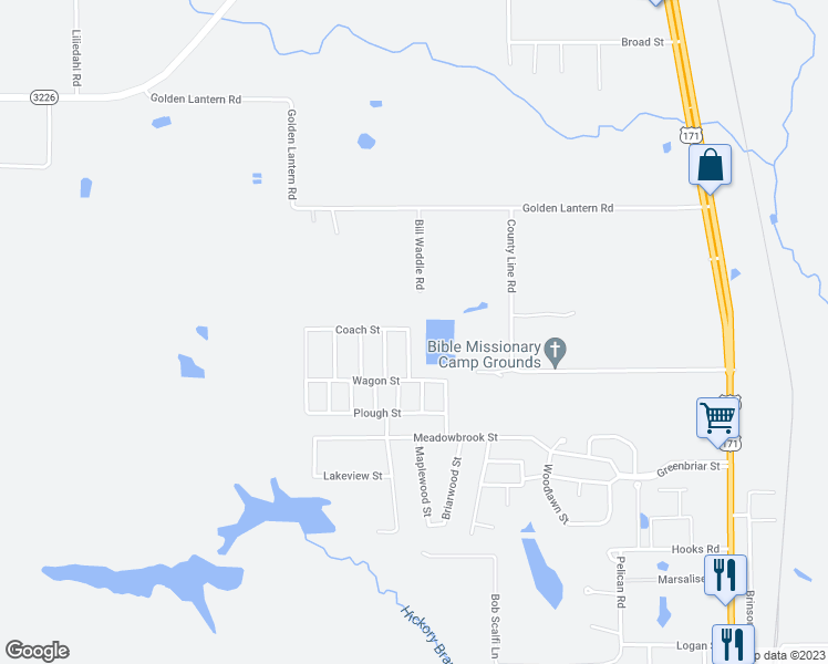 map of restaurants, bars, coffee shops, grocery stores, and more near 2218 Mustang Street in DeRidder