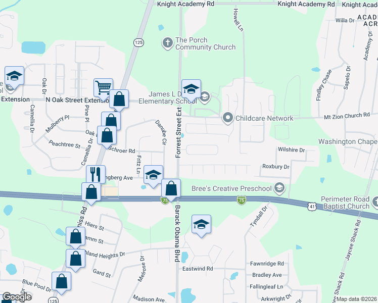 map of restaurants, bars, coffee shops, grocery stores, and more near 4139 Forrest Run Circle in Valdosta