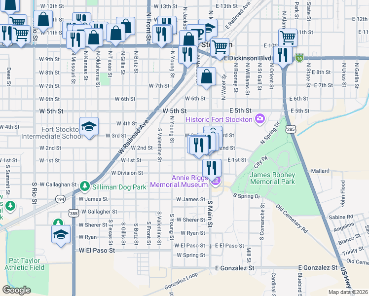 map of restaurants, bars, coffee shops, grocery stores, and more near 300 West 2nd Street in Fort Stockton