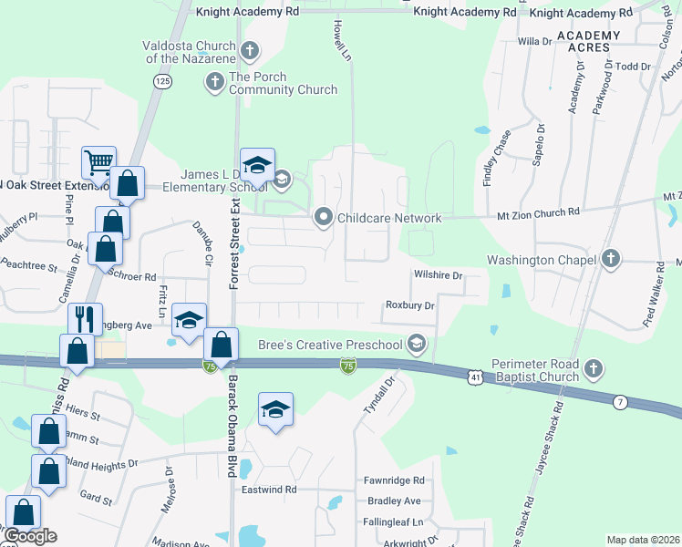 map of restaurants, bars, coffee shops, grocery stores, and more near 3648 Druid Oaks Drive in Valdosta
