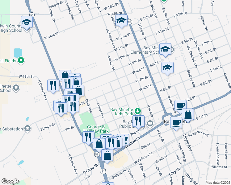 map of restaurants, bars, coffee shops, grocery stores, and more near 608 North Day Avenue in Bay Minette