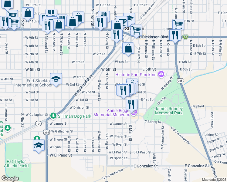 map of restaurants, bars, coffee shops, grocery stores, and more near 300 West 2nd Street in Fort Stockton