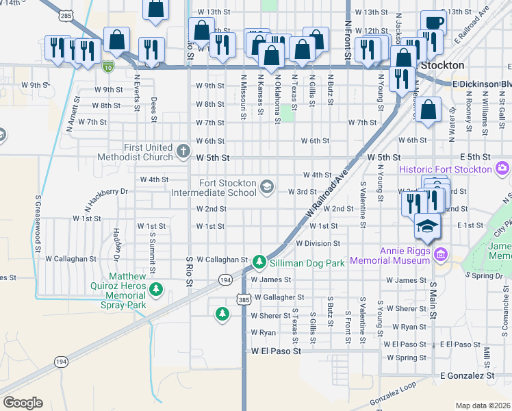 map of restaurants, bars, coffee shops, grocery stores, and more near 1154 West 2nd Street in Fort Stockton