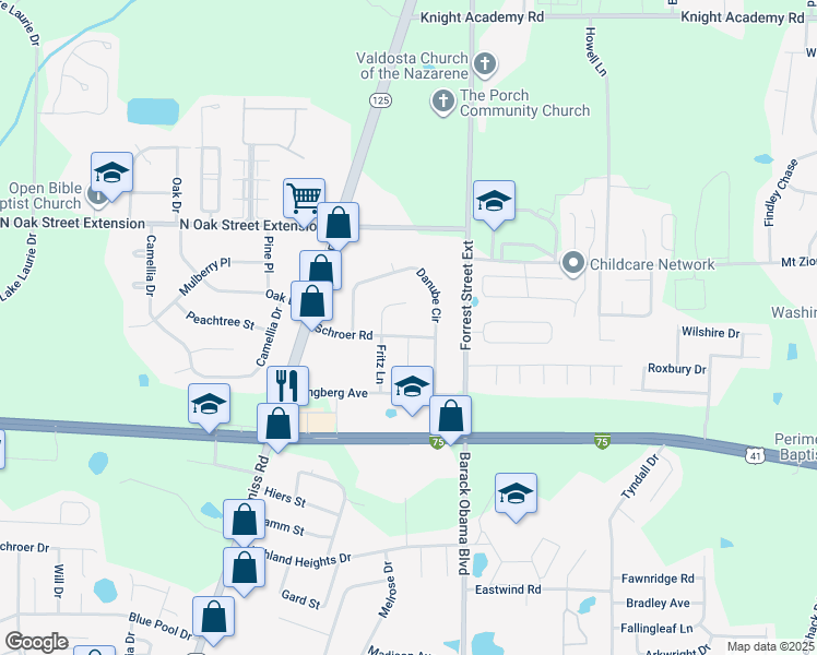 map of restaurants, bars, coffee shops, grocery stores, and more near 3819 Schroer Road in Valdosta
