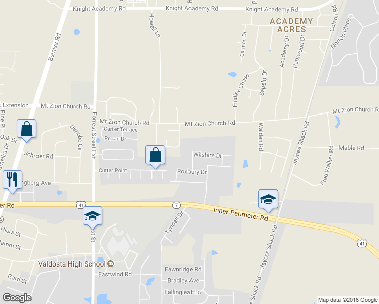 map of restaurants, bars, coffee shops, grocery stores, and more near 4318 Brandonshire Lane in Valdosta