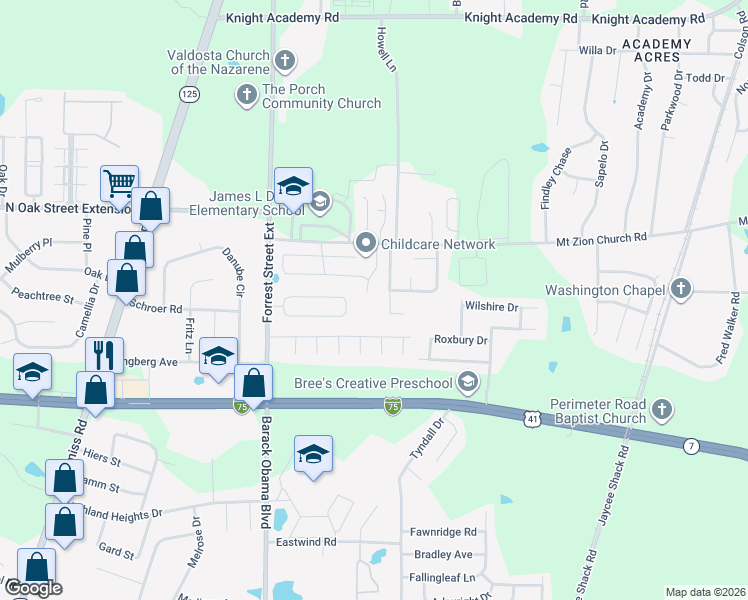 map of restaurants, bars, coffee shops, grocery stores, and more near 3648 Druid Oaks Drive in Valdosta