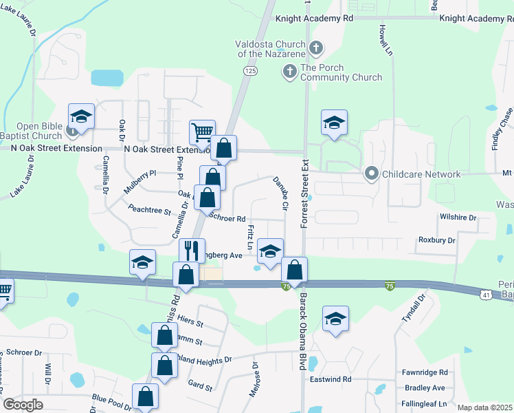 map of restaurants, bars, coffee shops, grocery stores, and more near 3819 Schroer Road in Valdosta