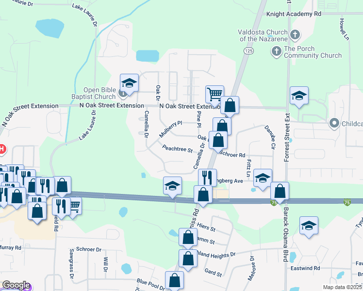 map of restaurants, bars, coffee shops, grocery stores, and more near 5010 Peachtree Street in Valdosta