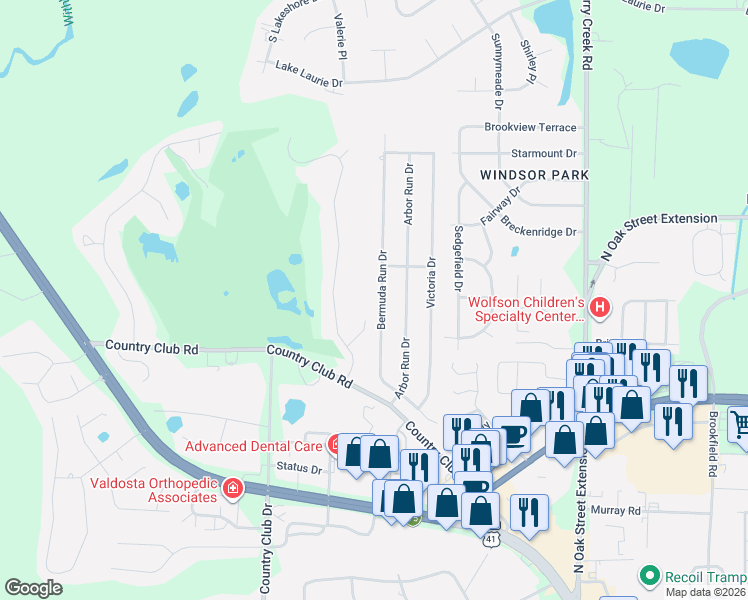 map of restaurants, bars, coffee shops, grocery stores, and more near 3742 Bermuda Run Drive in Valdosta