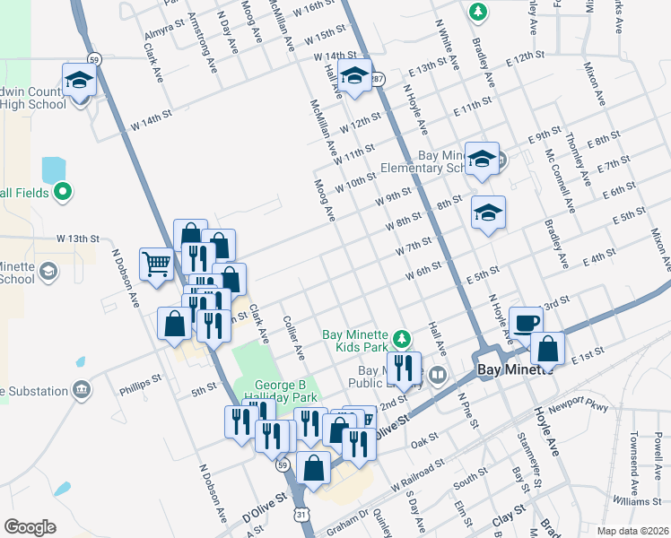 map of restaurants, bars, coffee shops, grocery stores, and more near 608 N Day Ave in Bay Minette