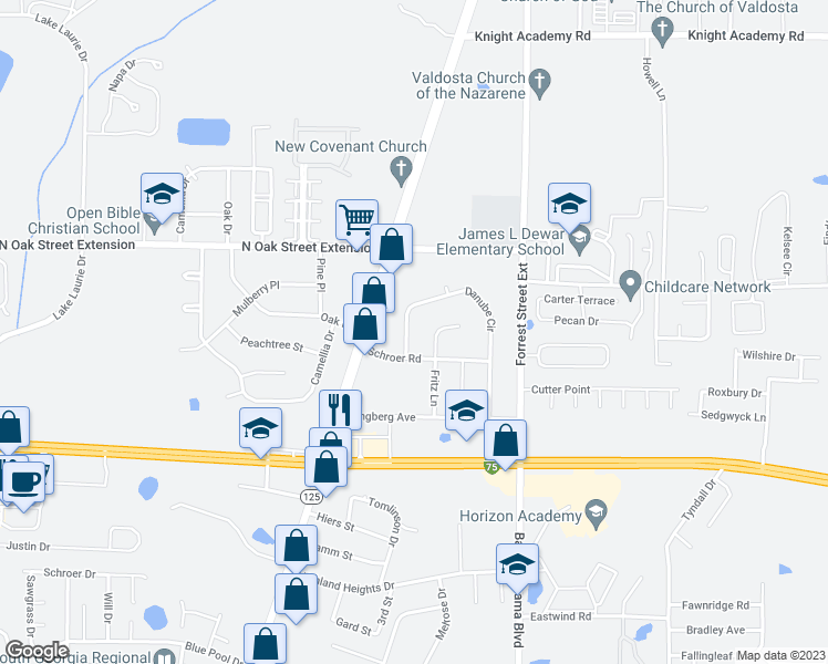 map of restaurants, bars, coffee shops, grocery stores, and more near 4030 Danube Circle in Valdosta