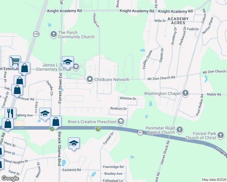 map of restaurants, bars, coffee shops, grocery stores, and more near 4318 Brandonshire Lane in Valdosta