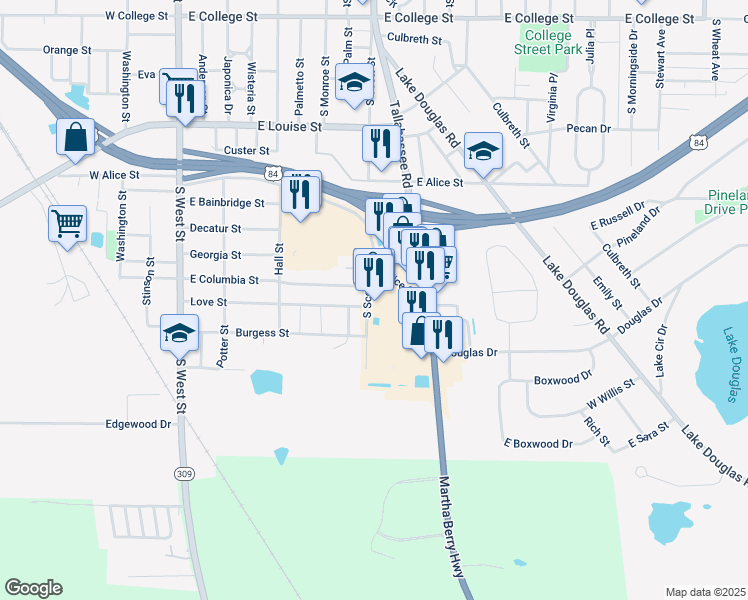 map of restaurants, bars, coffee shops, grocery stores, and more near 1408 Tallahassee Highway in Bainbridge