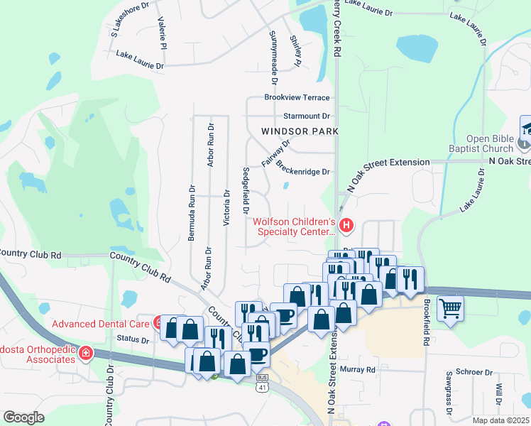 map of restaurants, bars, coffee shops, grocery stores, and more near 3801 Cambridge Drive in Valdosta