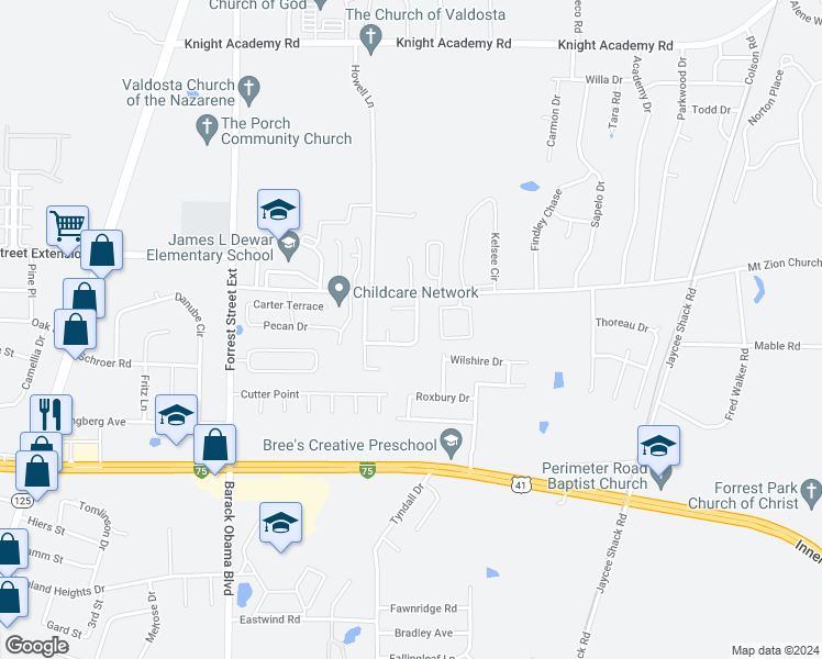 map of restaurants, bars, coffee shops, grocery stores, and more near 3675 Tupelo Road in Valdosta