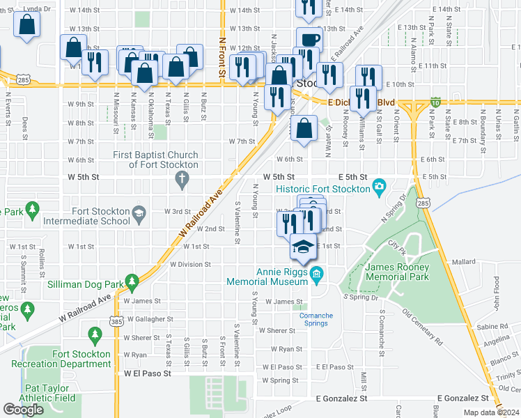 map of restaurants, bars, coffee shops, grocery stores, and more near 301-399 West 4th Street in Fort Stockton