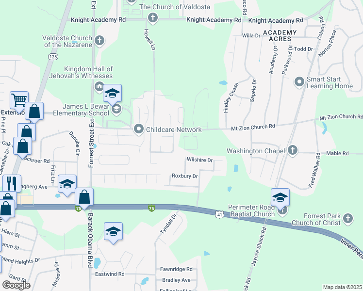 map of restaurants, bars, coffee shops, grocery stores, and more near 3688 Tupelo Road in Valdosta