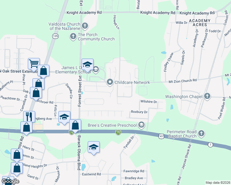 map of restaurants, bars, coffee shops, grocery stores, and more near 3624 Druid Oaks Drive in Valdosta
