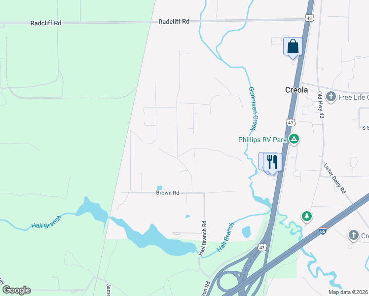 map of restaurants, bars, coffee shops, grocery stores, and more near 9430 Ward Ln in Creola