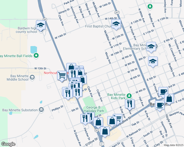 map of restaurants, bars, coffee shops, grocery stores, and more near 607 West 9th Street in Bay Minette