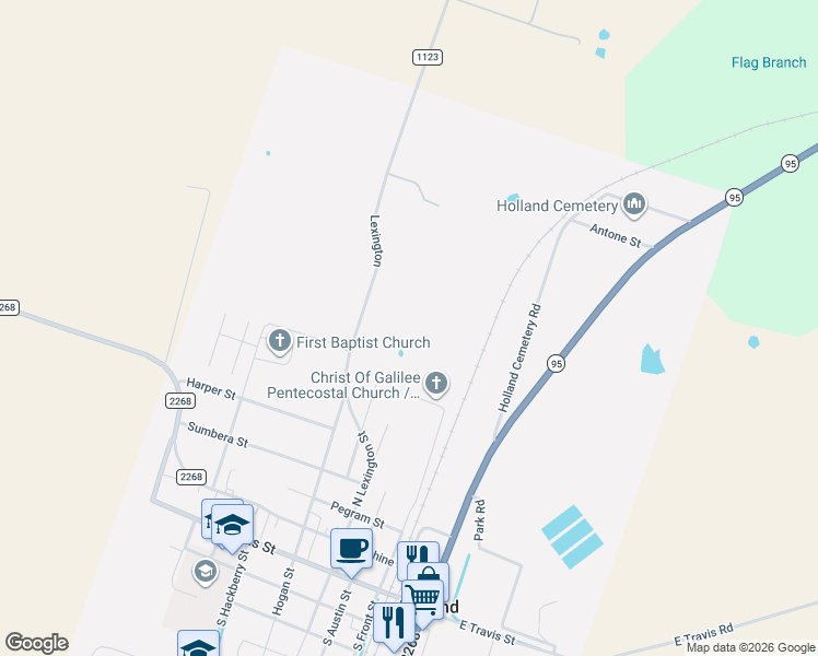 map of restaurants, bars, coffee shops, grocery stores, and more near 19045 Farm to Market 1123 in Holland