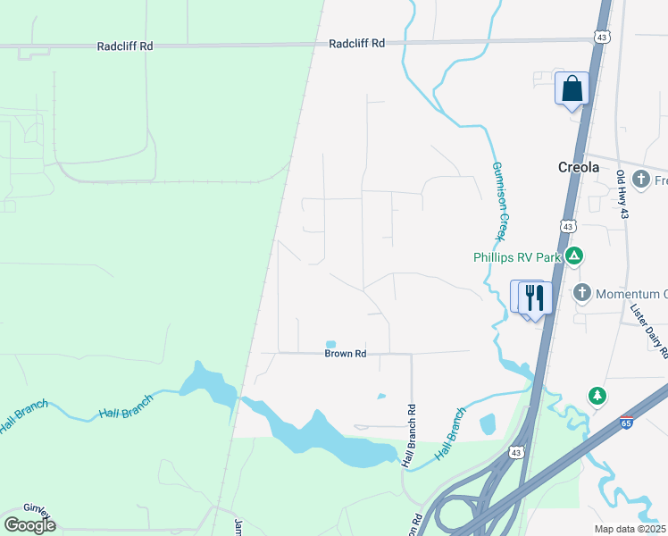 map of restaurants, bars, coffee shops, grocery stores, and more near 529 Johnson Road in Creola