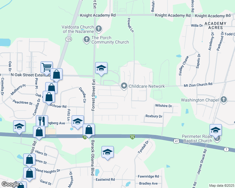 map of restaurants, bars, coffee shops, grocery stores, and more near 3941 Pecan Drive in Valdosta