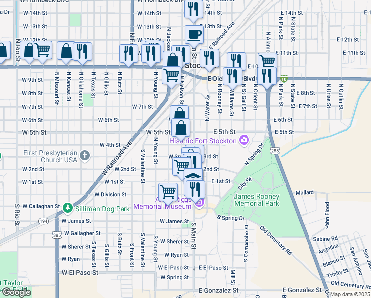 map of restaurants, bars, coffee shops, grocery stores, and more near 201-299 West 4th Street in Fort Stockton