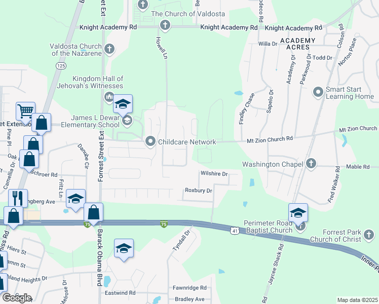 map of restaurants, bars, coffee shops, grocery stores, and more near 3688 Tupelo Road in Valdosta