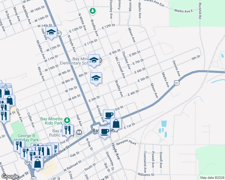 map of restaurants, bars, coffee shops, grocery stores, and more near 500 North White Avenue in Bay Minette
