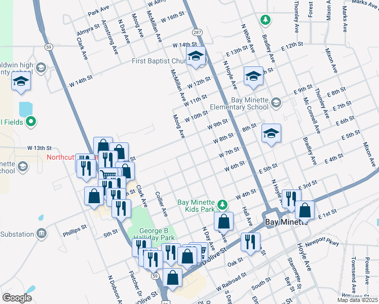 map of restaurants, bars, coffee shops, grocery stores, and more near 400 West 8th Street in Bay Minette
