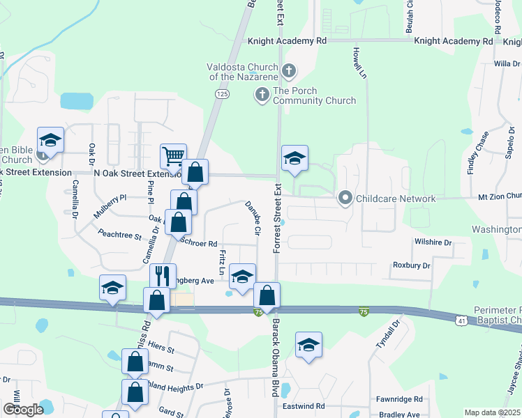 map of restaurants, bars, coffee shops, grocery stores, and more near 4015 Danube Circle in Valdosta