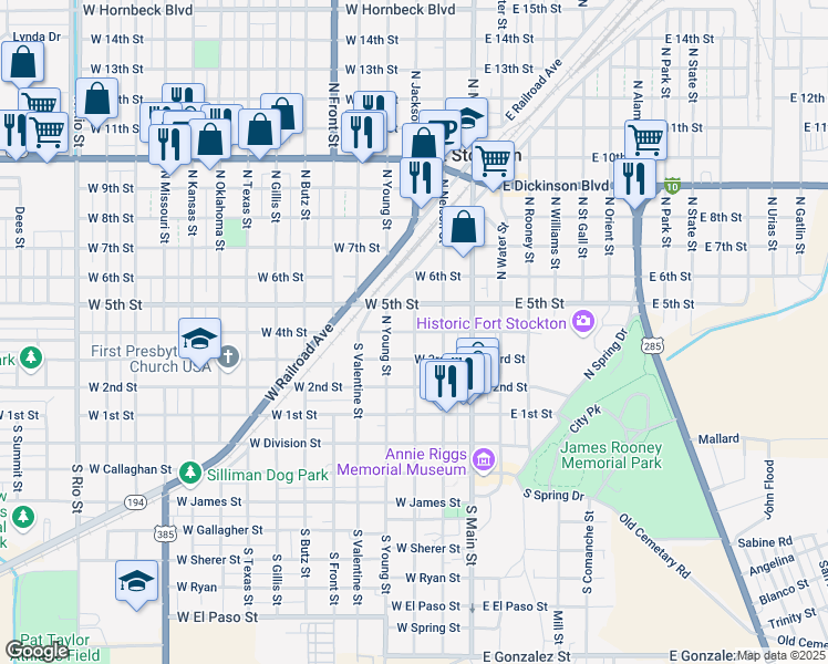 map of restaurants, bars, coffee shops, grocery stores, and more near 301 West 4th Street in Fort Stockton