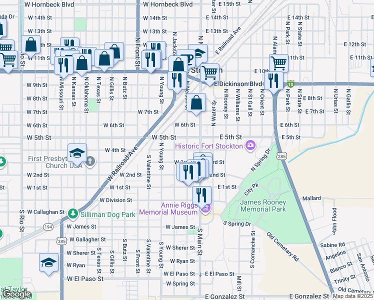 map of restaurants, bars, coffee shops, grocery stores, and more near 201 West 4th Street in Fort Stockton