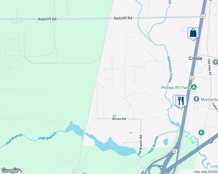 map of restaurants, bars, coffee shops, grocery stores, and more near 529 Johnson Road in Creola