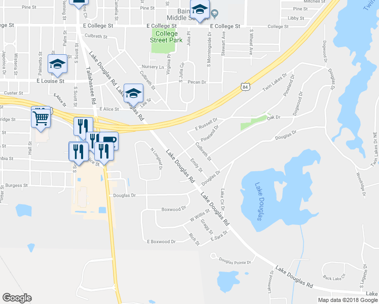 map of restaurants, bars, coffee shops, grocery stores, and more near 1613 Emily Street in Bainbridge