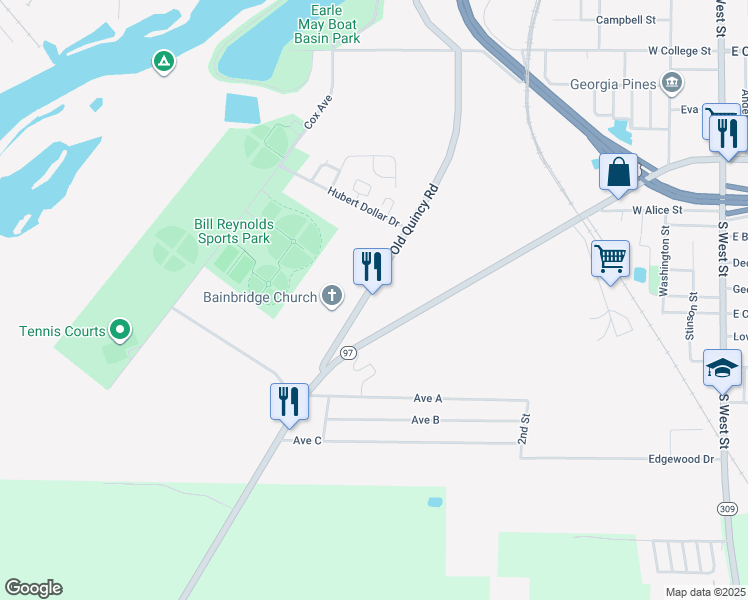 map of restaurants, bars, coffee shops, grocery stores, and more near 1603 Old Quincy Road in Bainbridge