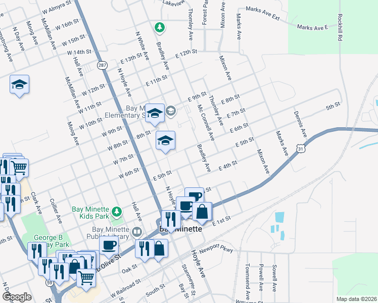 map of restaurants, bars, coffee shops, grocery stores, and more near 500 North White Avenue in Bay Minette