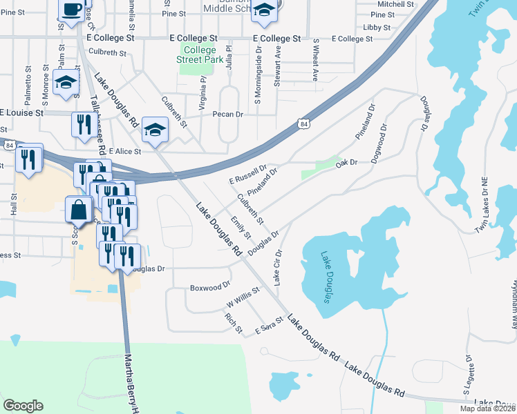 map of restaurants, bars, coffee shops, grocery stores, and more near 1401 Oak Drive in Bainbridge