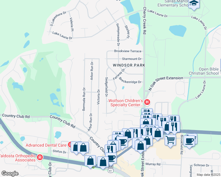 map of restaurants, bars, coffee shops, grocery stores, and more near 3812 Cambridge Drive in Valdosta