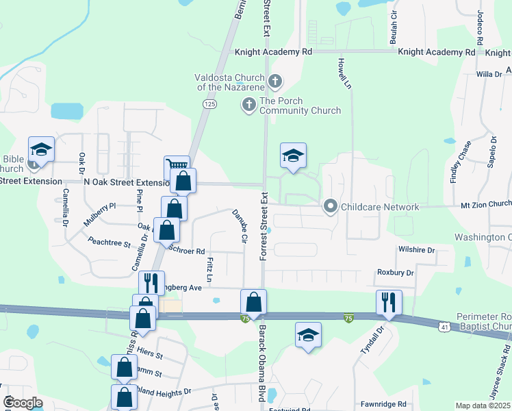 map of restaurants, bars, coffee shops, grocery stores, and more near 4015 Danube Circle in Valdosta