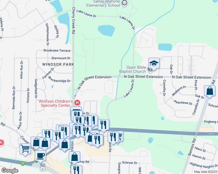 map of restaurants, bars, coffee shops, grocery stores, and more near 3925 North Oak Street Extension in Valdosta