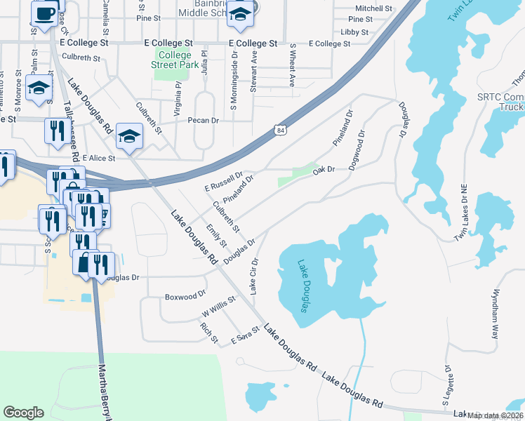map of restaurants, bars, coffee shops, grocery stores, and more near 1401-1499 Oak Drive in Bainbridge