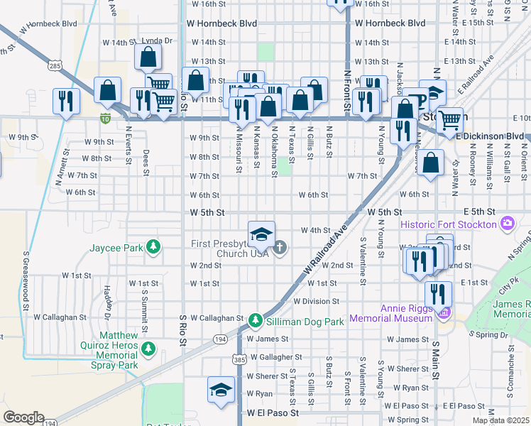 map of restaurants, bars, coffee shops, grocery stores, and more near 498 Missouri Street in Fort Stockton