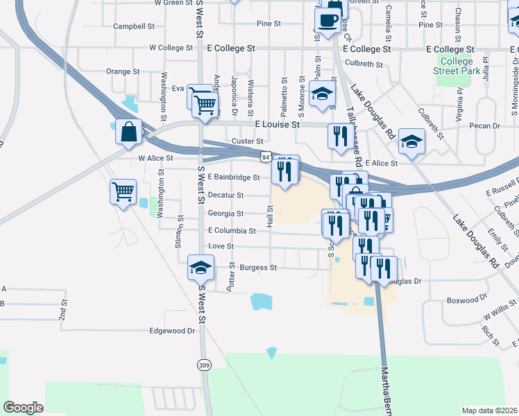 map of restaurants, bars, coffee shops, grocery stores, and more near 412 Decatur Street in Bainbridge