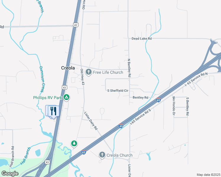 map of restaurants, bars, coffee shops, grocery stores, and more near 199 South Sheffield Circle in Creola