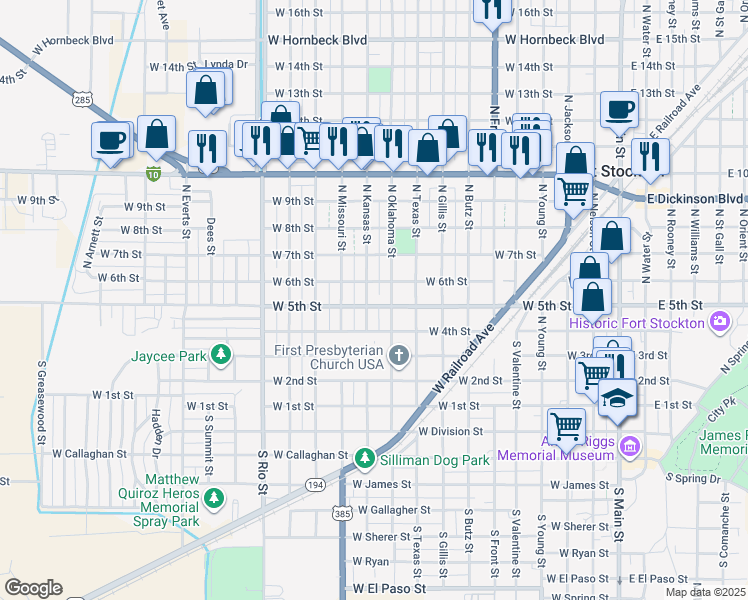 map of restaurants, bars, coffee shops, grocery stores, and more near 498 Missouri Street in Fort Stockton