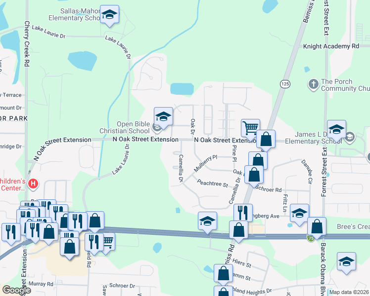 map of restaurants, bars, coffee shops, grocery stores, and more near 3918 Camellia Drive in Valdosta