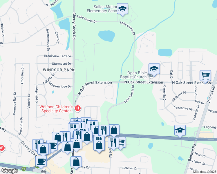 map of restaurants, bars, coffee shops, grocery stores, and more near 3925 North Oak Street Extension in Valdosta