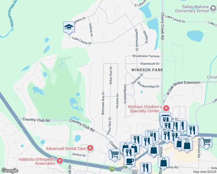 map of restaurants, bars, coffee shops, grocery stores, and more near 3676 Arbor Run Drive in Valdosta